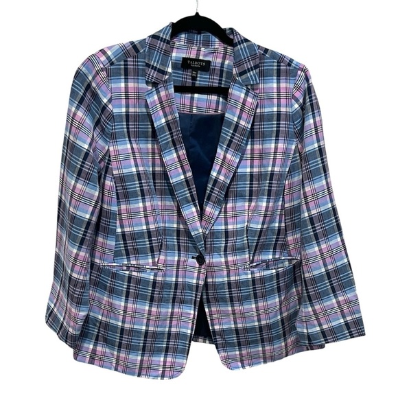 Talbots purple blue plaid one button linen cotton blazer size Large WP - Picture 1 of 7